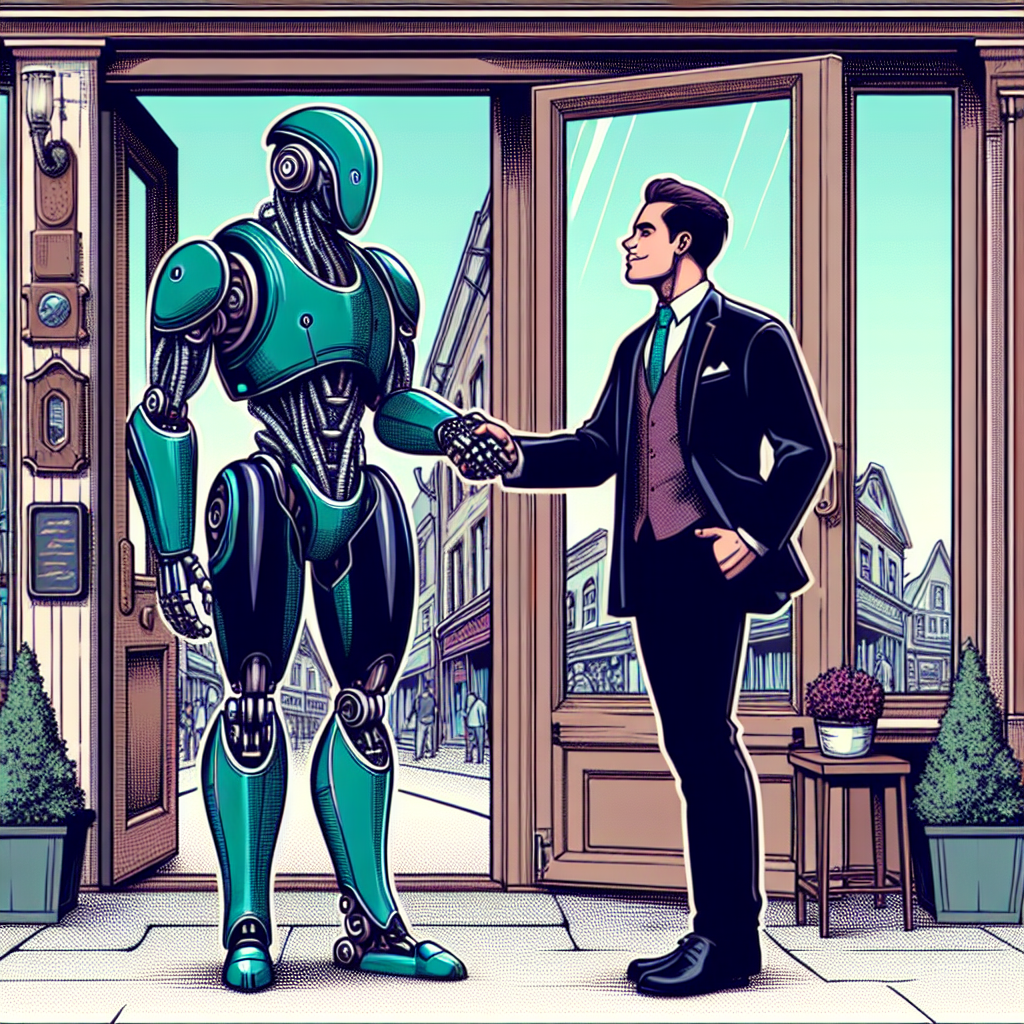 a robot in a suit shaking the and of a business man. Standing in front of a small business on main street.