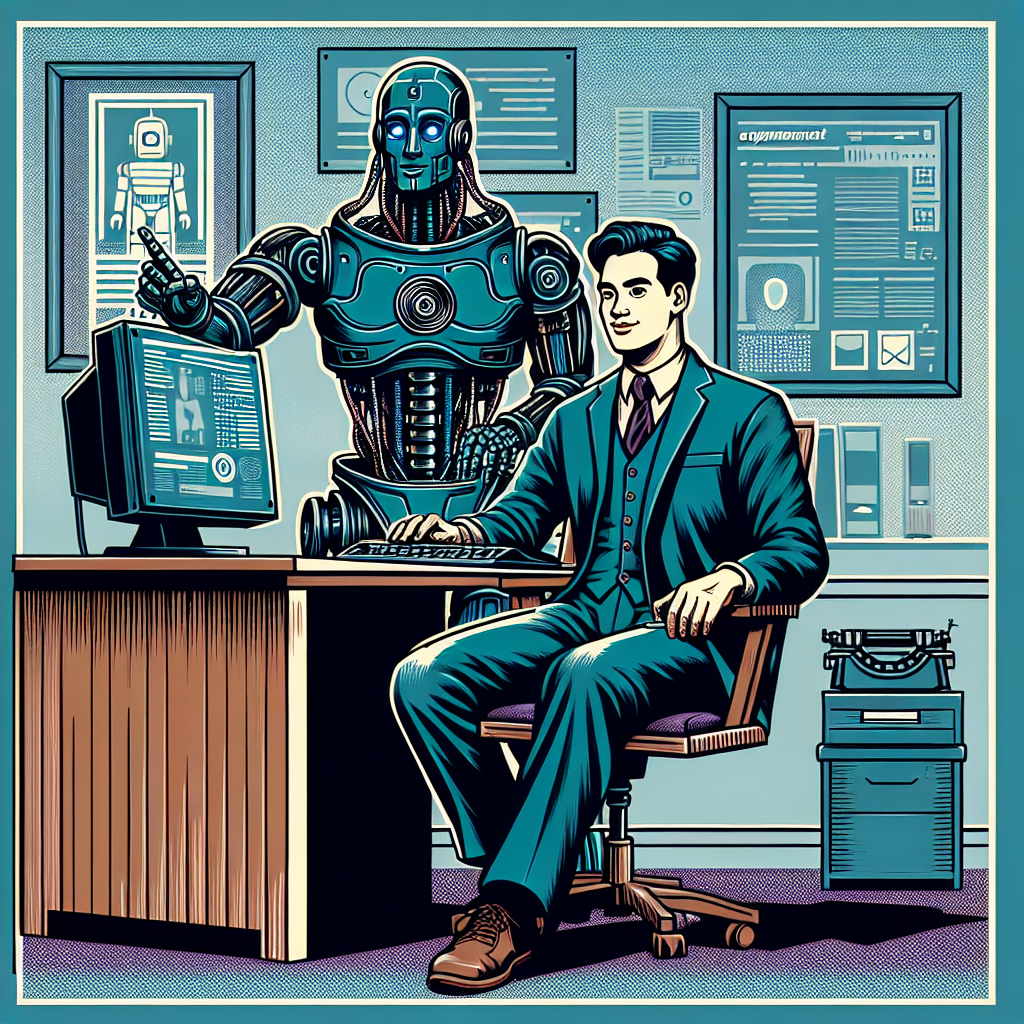 person sitting at a desk in a small family office, behind them is a robot that is pointing at a computer. 
