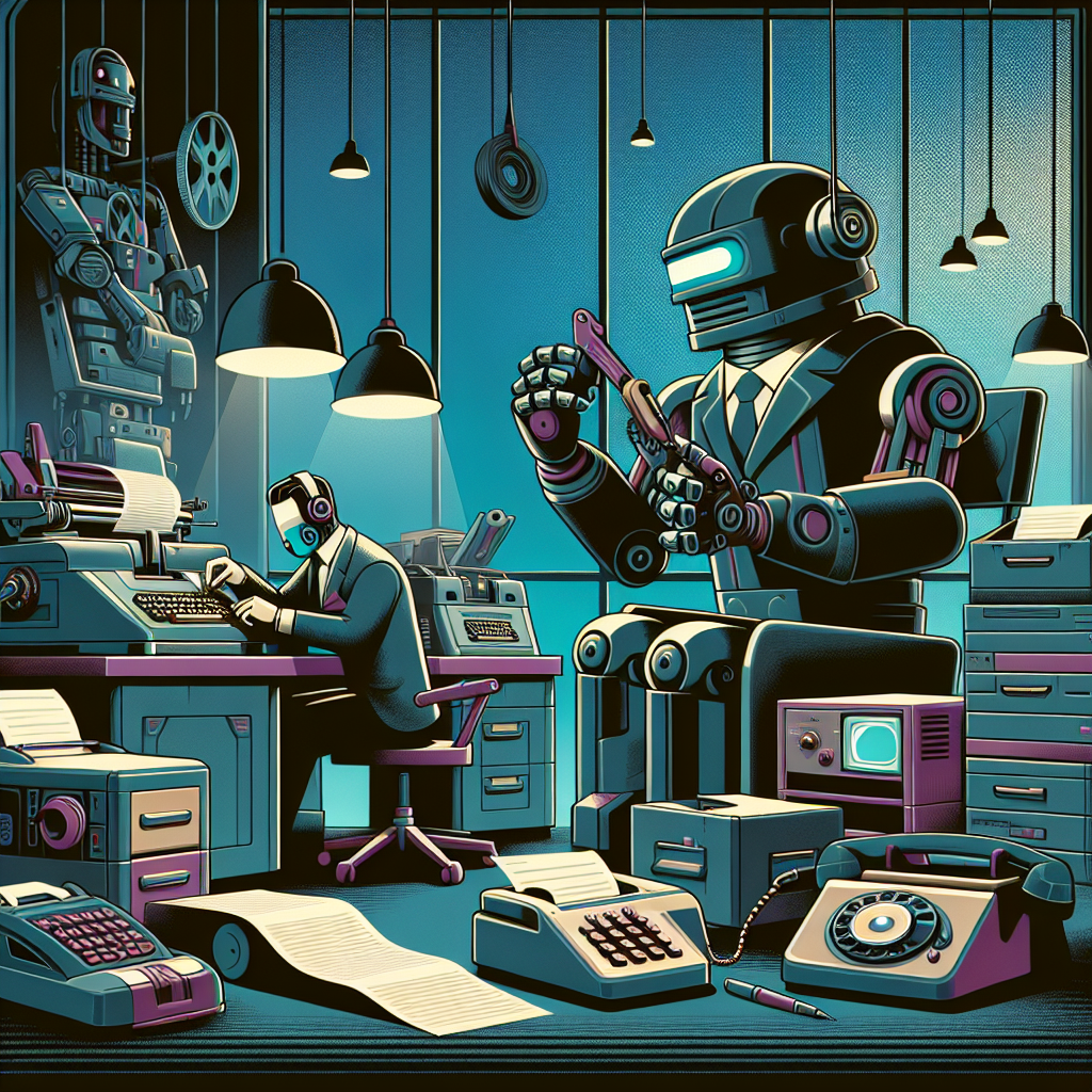 a robot building another robot in a futuristic office space with faxes and old telephones