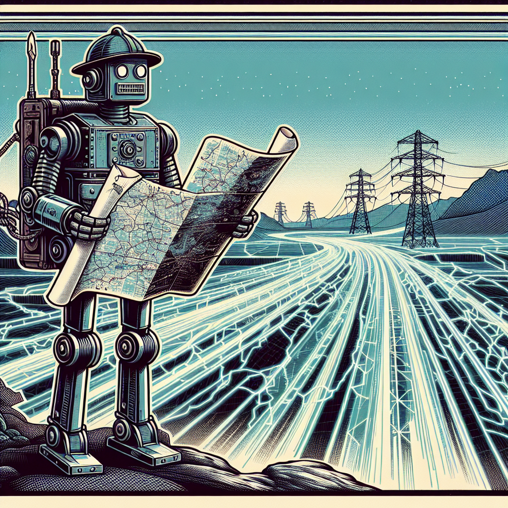 a robot holding a big map, with lots of paths on it, wearing an old style explorers outfit, In front of him are digital highways stretching out with electricity running along it like cars. 
