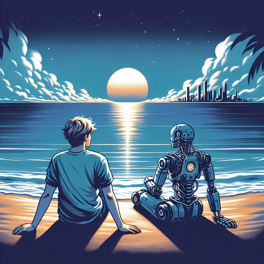 a man and a robot, sitting on a beach, lookout out over a calm sea. The sun is rising, they are happy, a slight breeze, in the distance you can see a futuristic city in the clouds