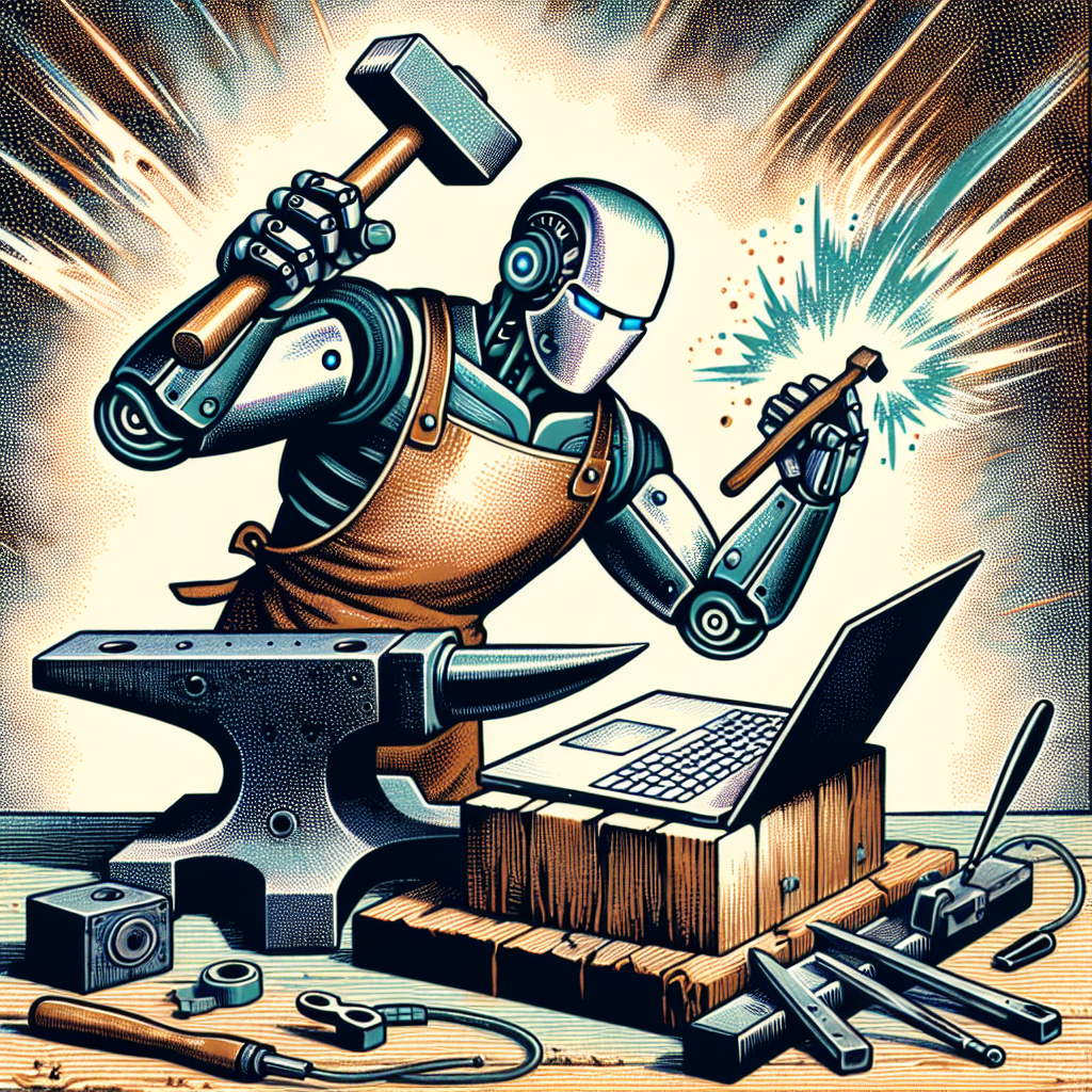 A robot with a hammer in its hand, using an Anvil in a high tech workshop. On the anvil is a laptop and its got sparks coming off it. THe robot is wearing a leather apron