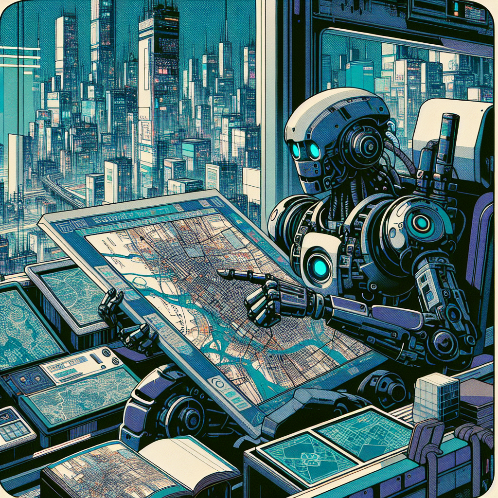 a robot reading a map, in a digital city