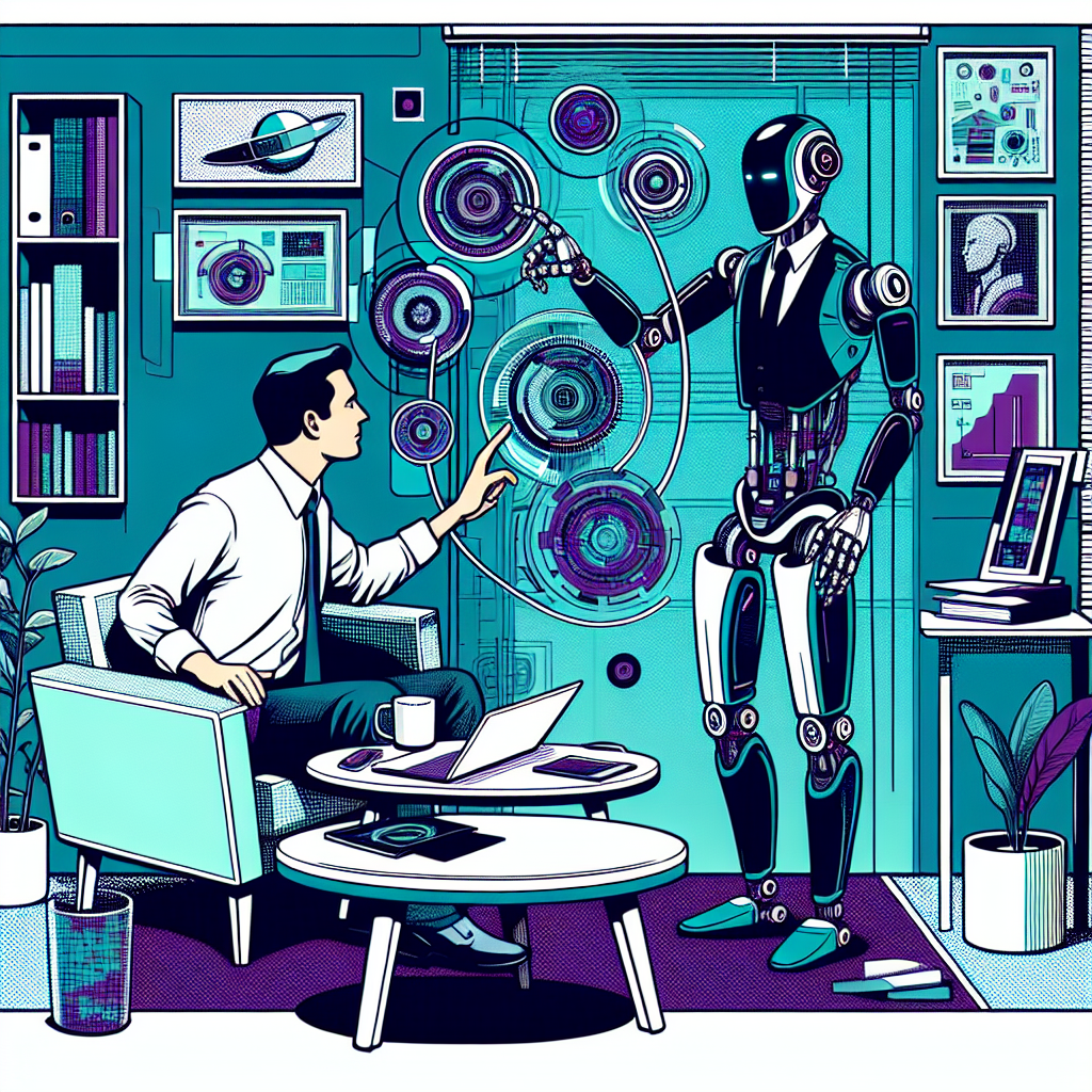 a man talking to a robot. there are artificial reality screens floating around them as they talk, in a home office