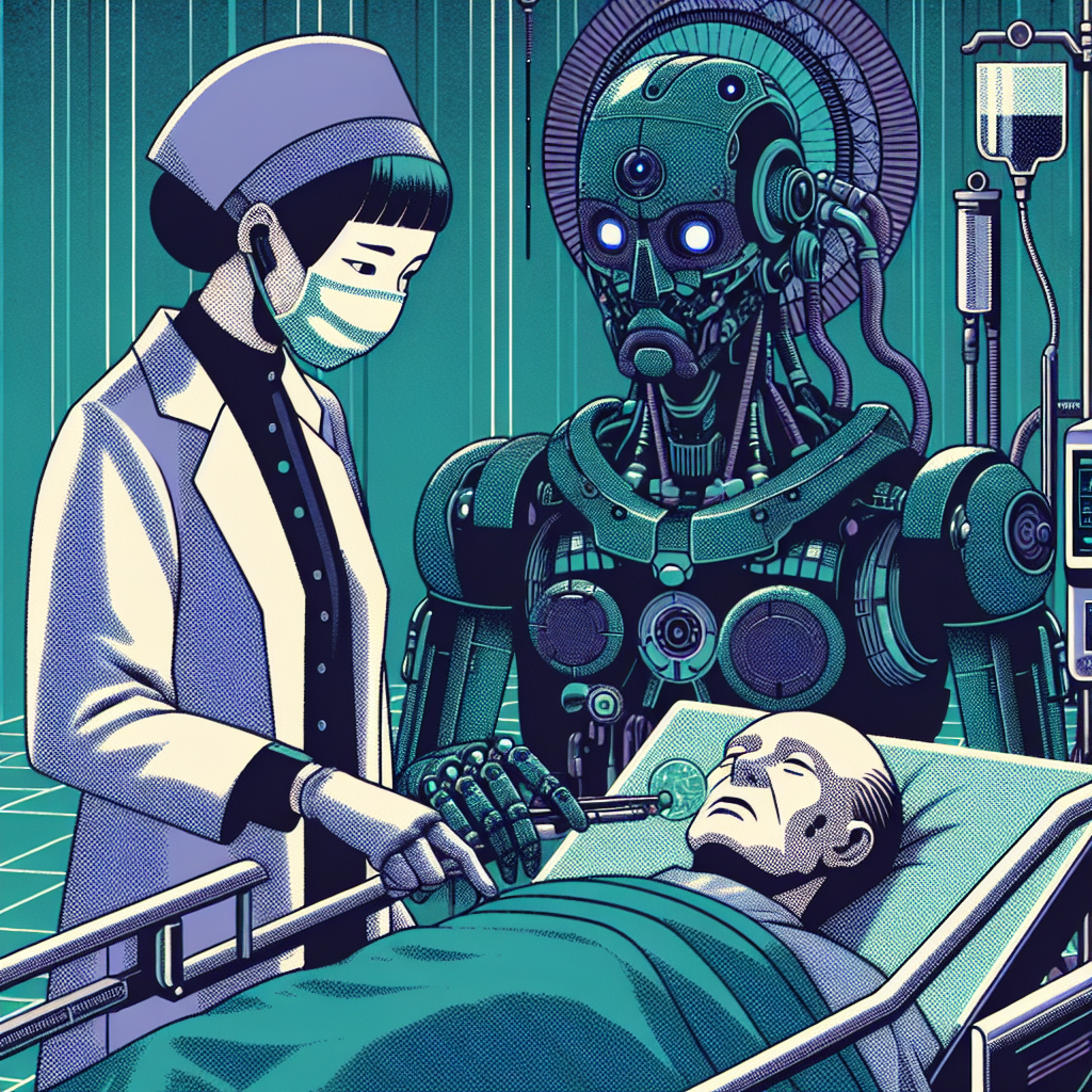 a robot doctor and nurse standing over a human patient