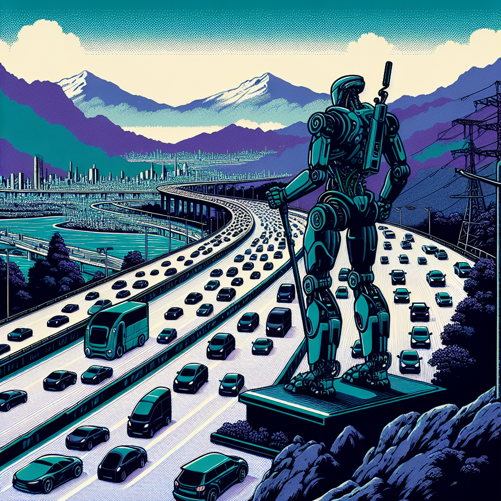 a robot, standing on a hill overlooking a busy highway full of futuristic electric cars
