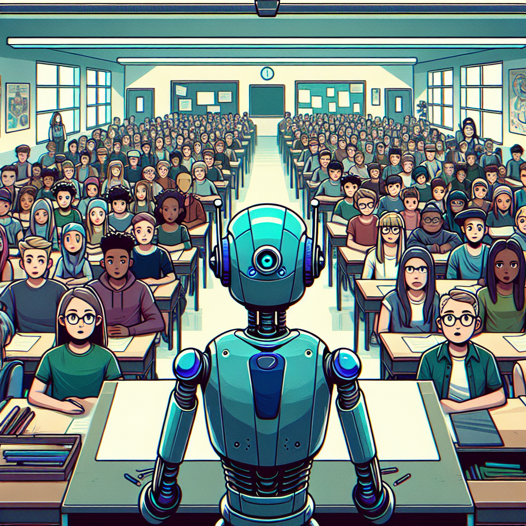 a robot standing at the front of a class of school kids. He is a teacher. 