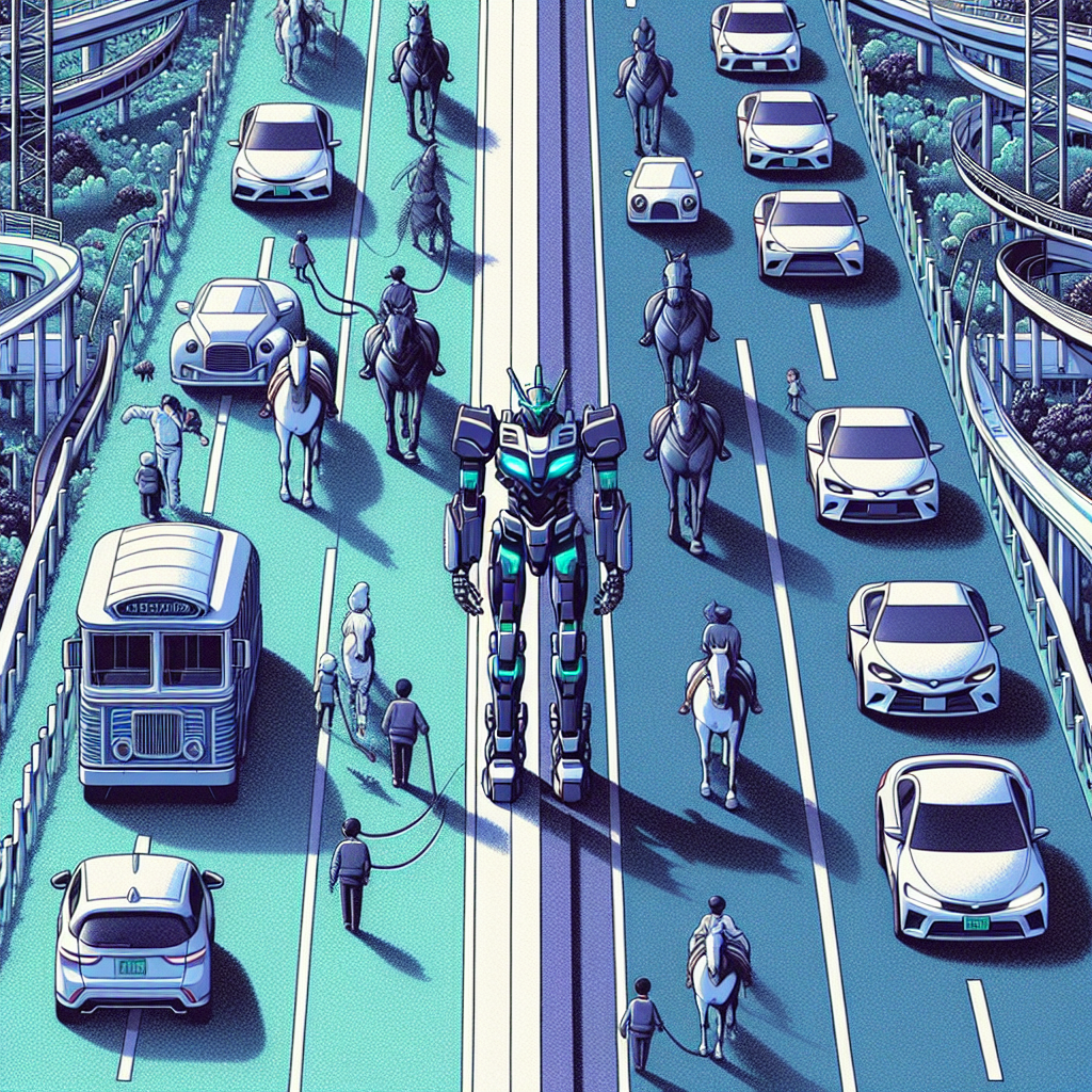 a robot that is stading in the middle of two highways. On one there are horses and carts on the other is futuristic cars