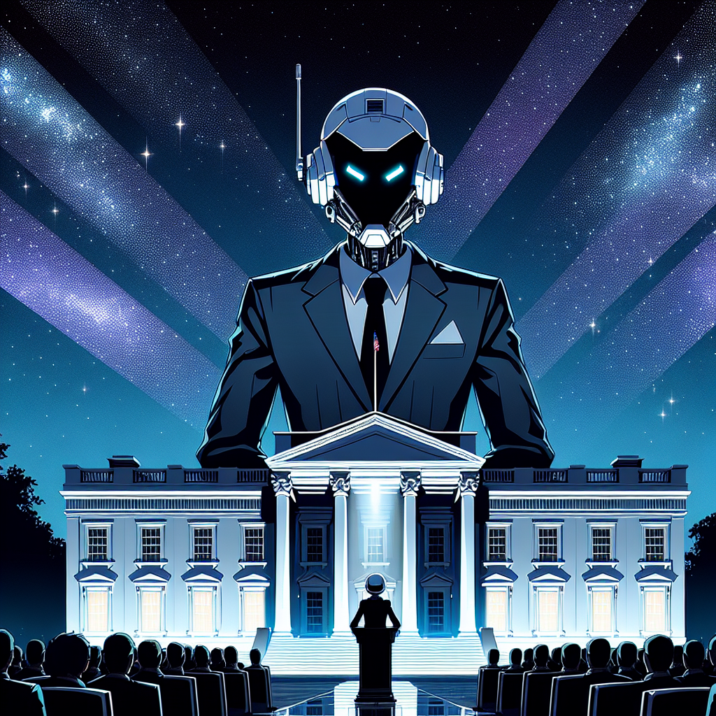 a robot in a suit, standing in front of the Whitehouse, giving a talk