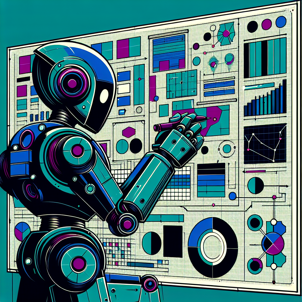 a robot standing looking at maps and graphs on a wall. He is planning a strategy