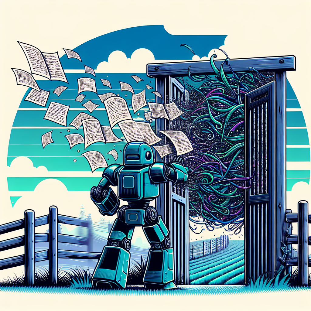 a robot holding open a gate on a farm, running through the gate are hundreds of pages of code 