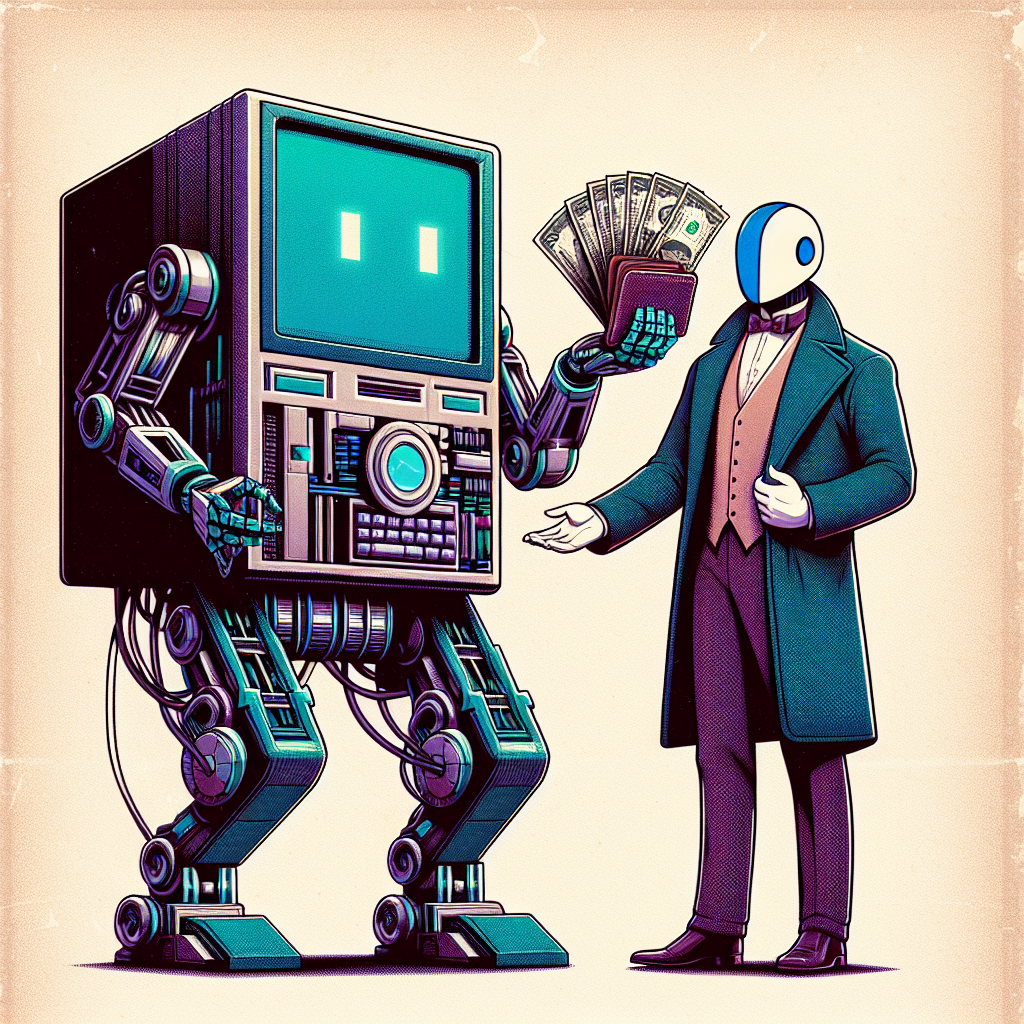 a computer with arms. holding out its hand. A robot standing in front of the computer. He has a wallet and he is giving the computer money