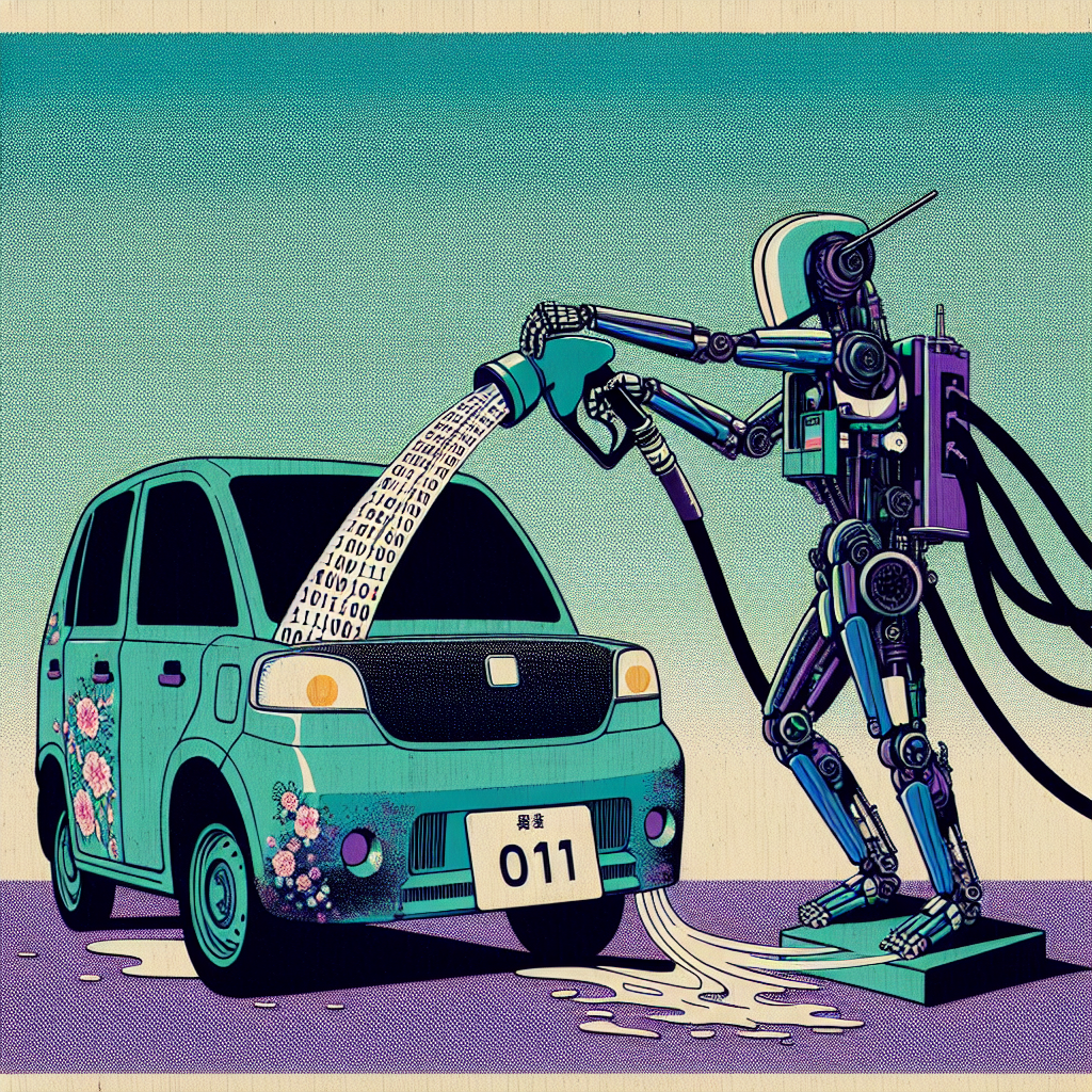 a robot filling up a car's gas take with binary data