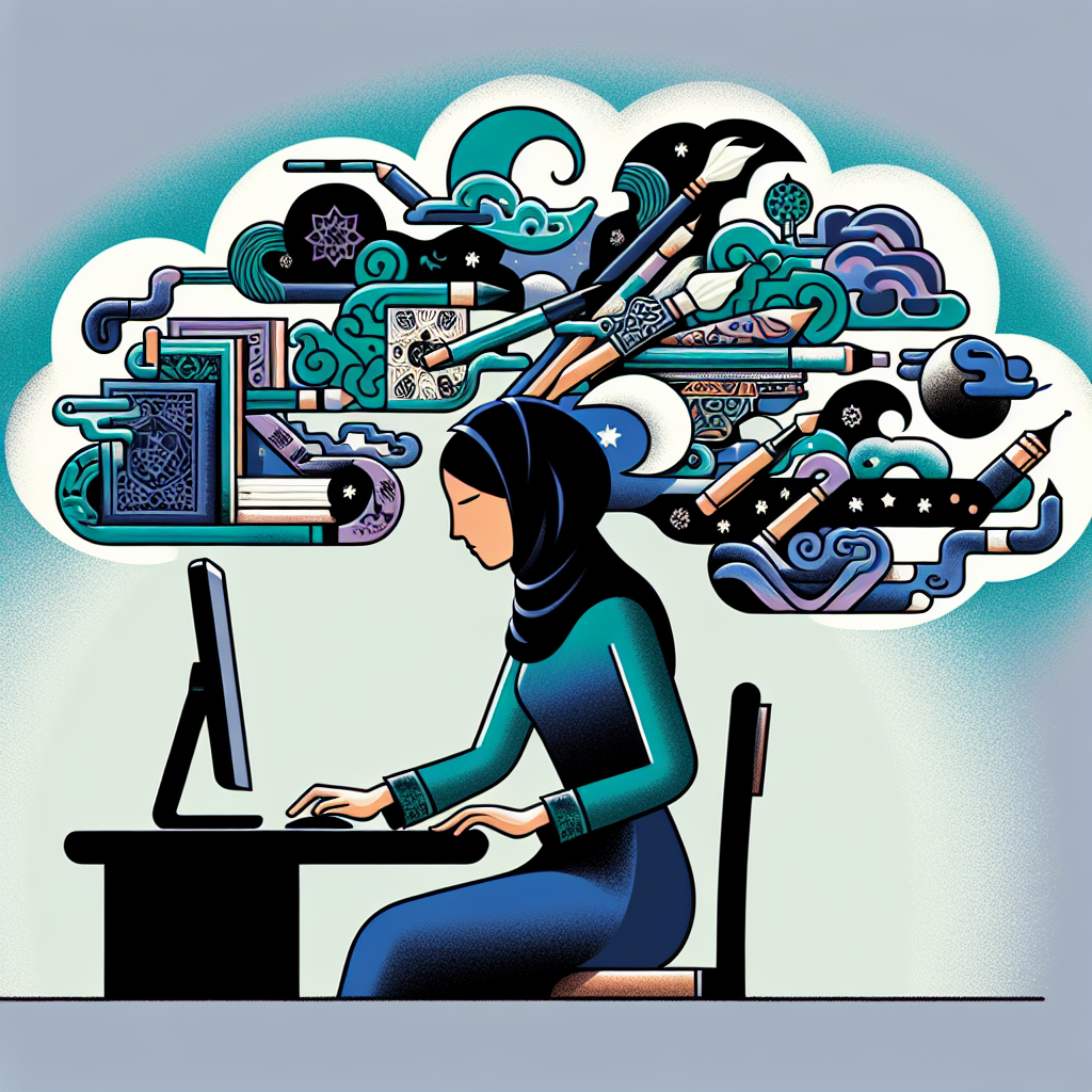 A person sitting at a desk, work ing on a computer. Above her are clouds that look like books, pens, paint brushes and other creative things. Fluffle clouds, shapes