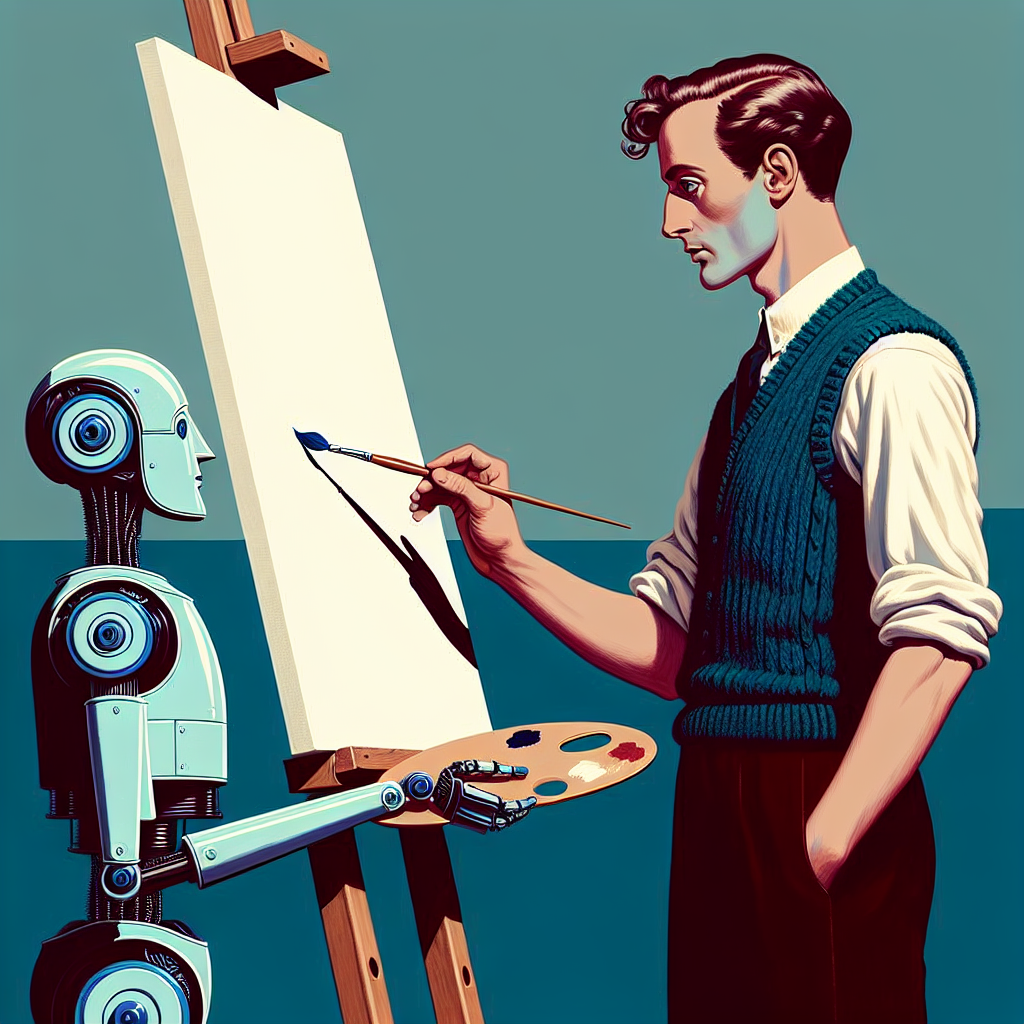 a man staring back, looking at a blank canvas on an easel. He is talking to a robot standing in front of the canvas with a pain brush in his hand. He is directing the robot to paint a picture. 