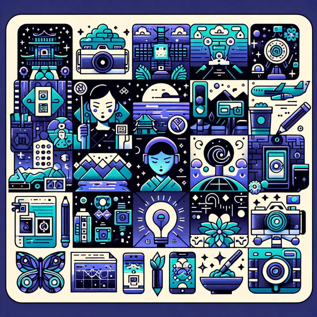 a series of icons representing various applications of AI in content creation, such as travel brochures, blog posts, and social media content.
