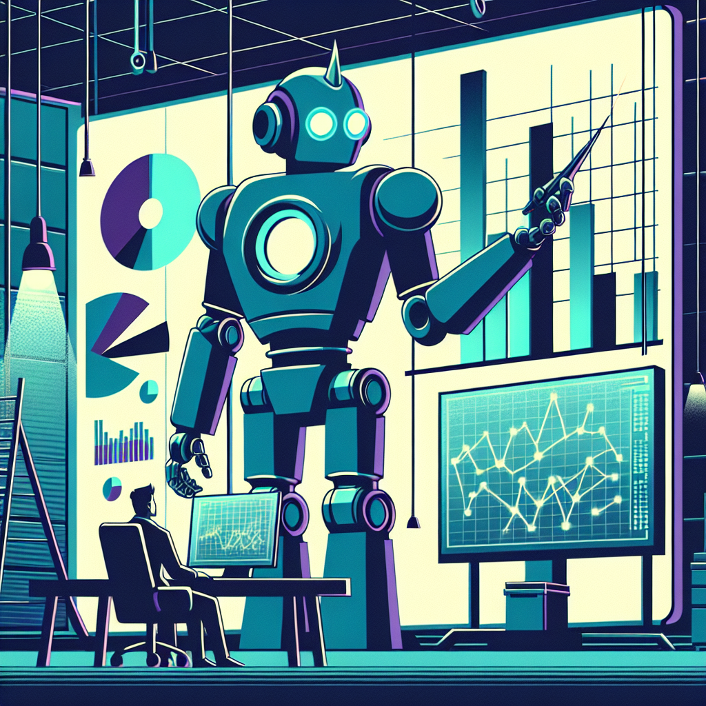 a robot looking at a large graph and chart on a wall 