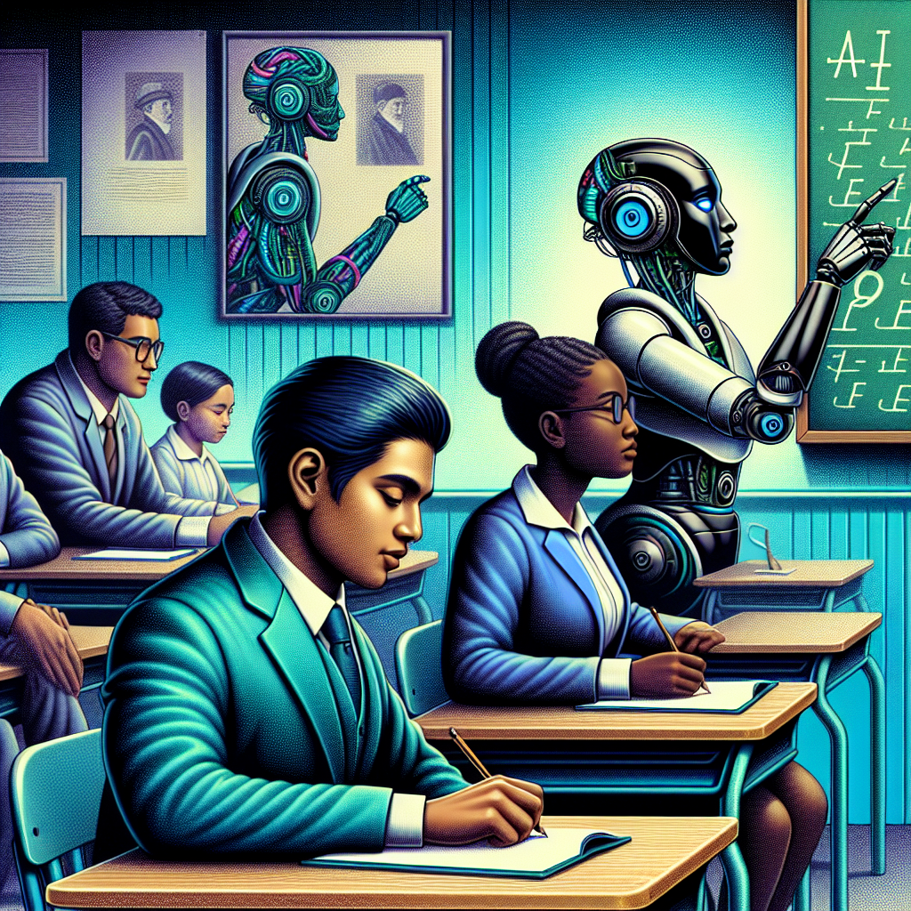 a man and a woman in business suits, sitting in a school room, taking notes at their desk. In front of them is a robot teacher, pointing at a chalk board. On the chalkboard is the word AI