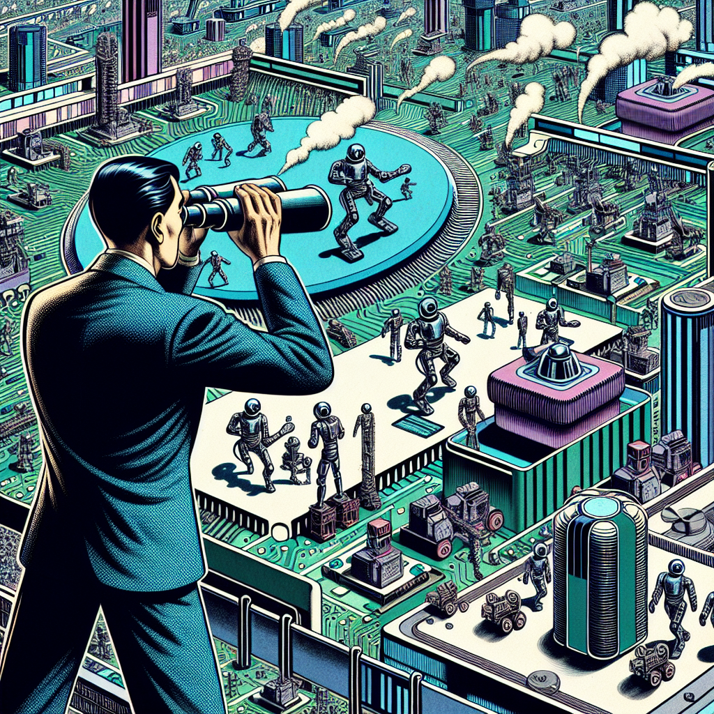 a man with binoculars looking out over a huge computer chip, with lots of robots flyiung around construction, computing AI. 