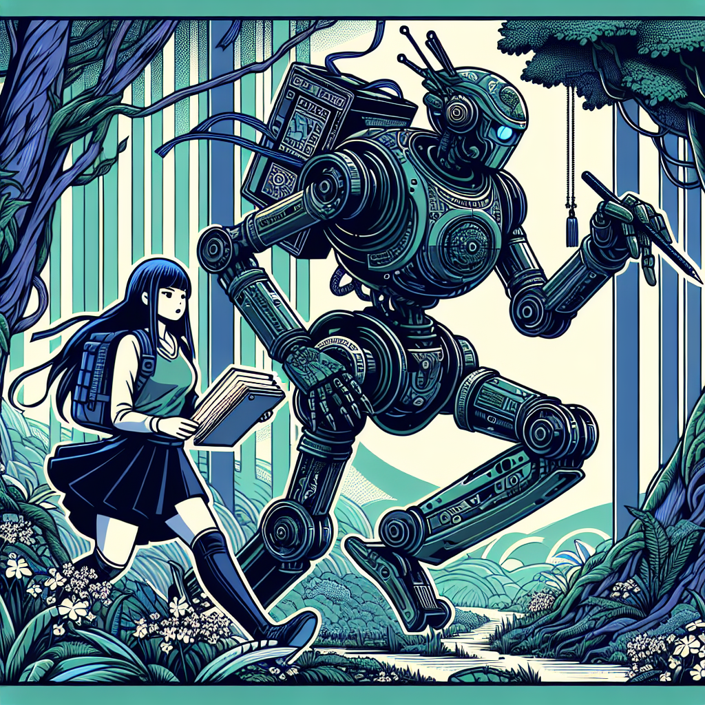 a robot with a note pad and pen, following around a woman in a working in a forest. The robot is her assistant. 

