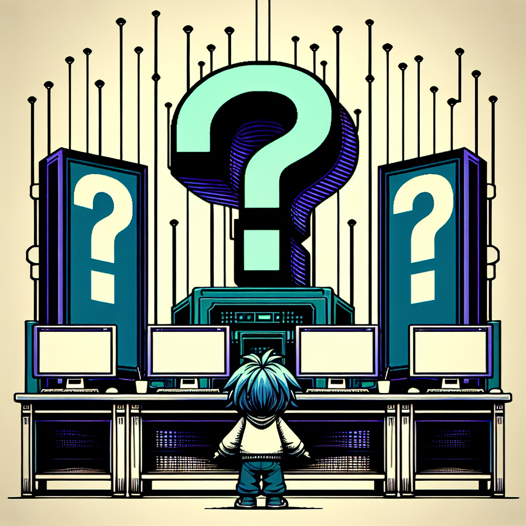 a person standing in front of 3 computers, sitting on a desk. Above each computer is a large question mark. 