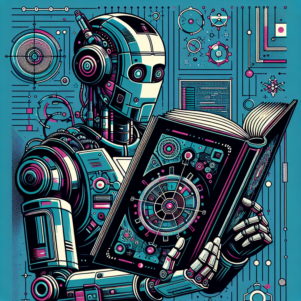 a robot reading a large technical book.
