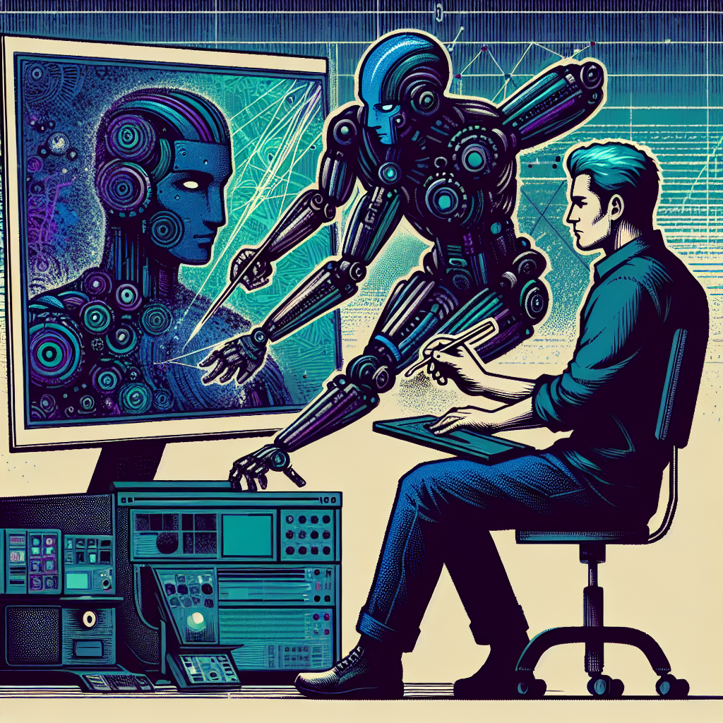 a man sitting at a computer looking at a robot painting a picture on the screen