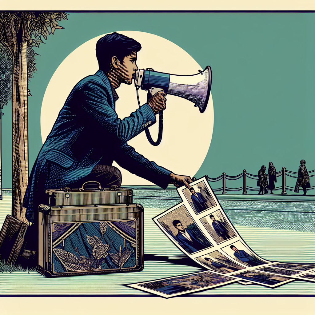 a man standing on the side walk, he is talking into a megaphone, trying to get people to buy his pictures. 