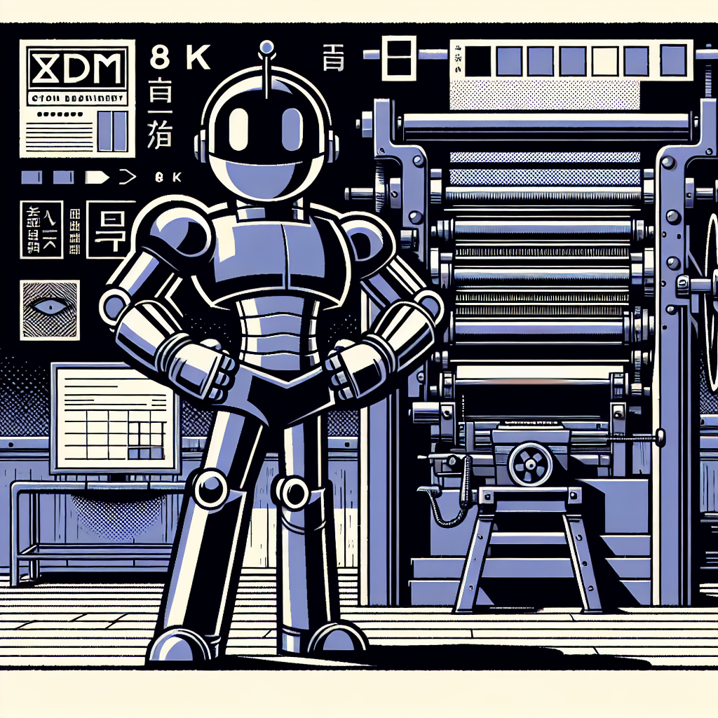 robot standing in front of a old style printing press, the robot is trying to hide the printing press