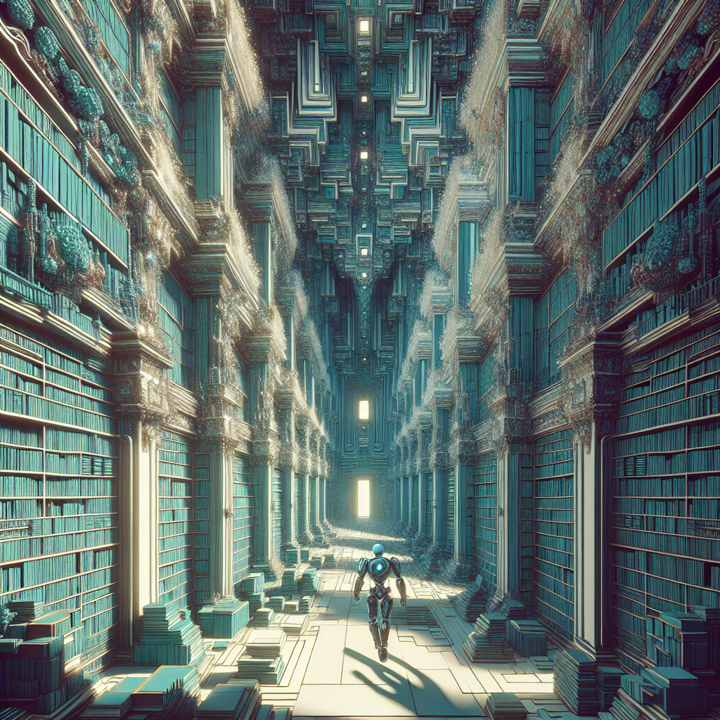 a robot walking through a huge old library with books up to the ceiling 