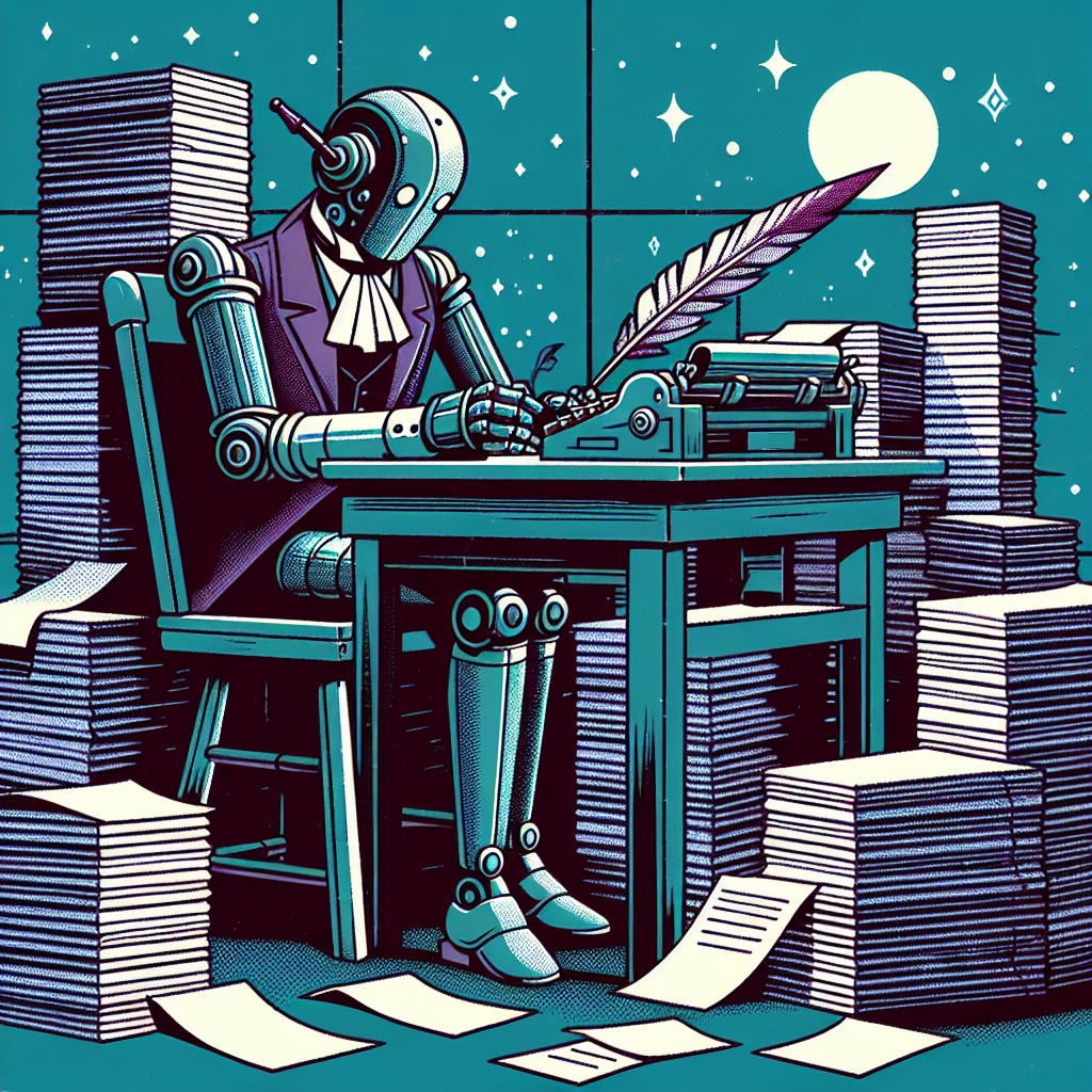 is a robot sitting at a desk with reams of paper, writing with a quill. 
