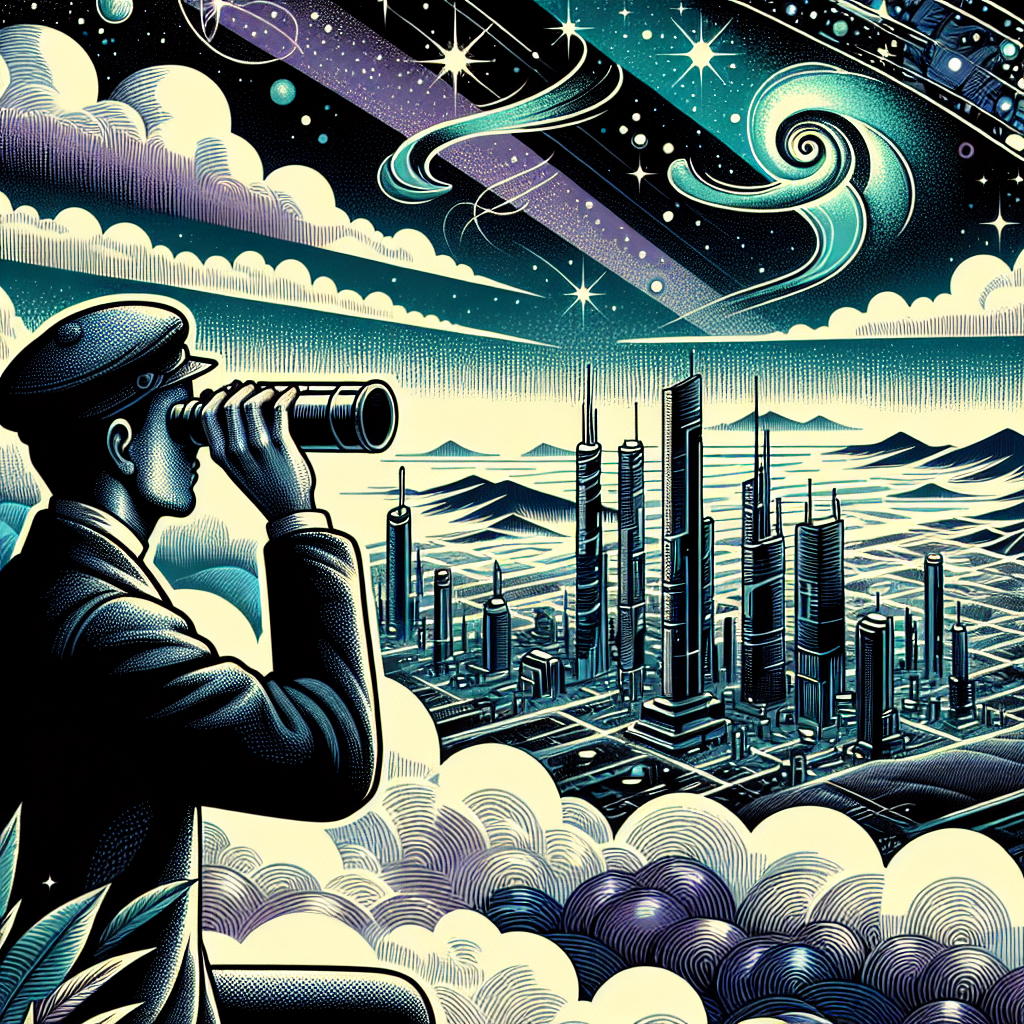 a man looking through binoculars at a futuristic city