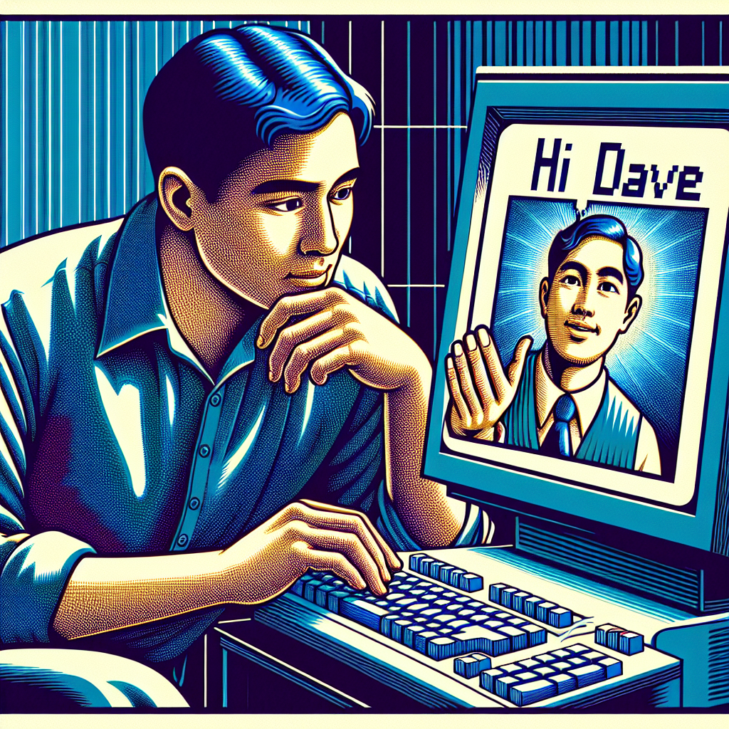 a man looking at a computer, on the computer is a sign saying hi dave. 