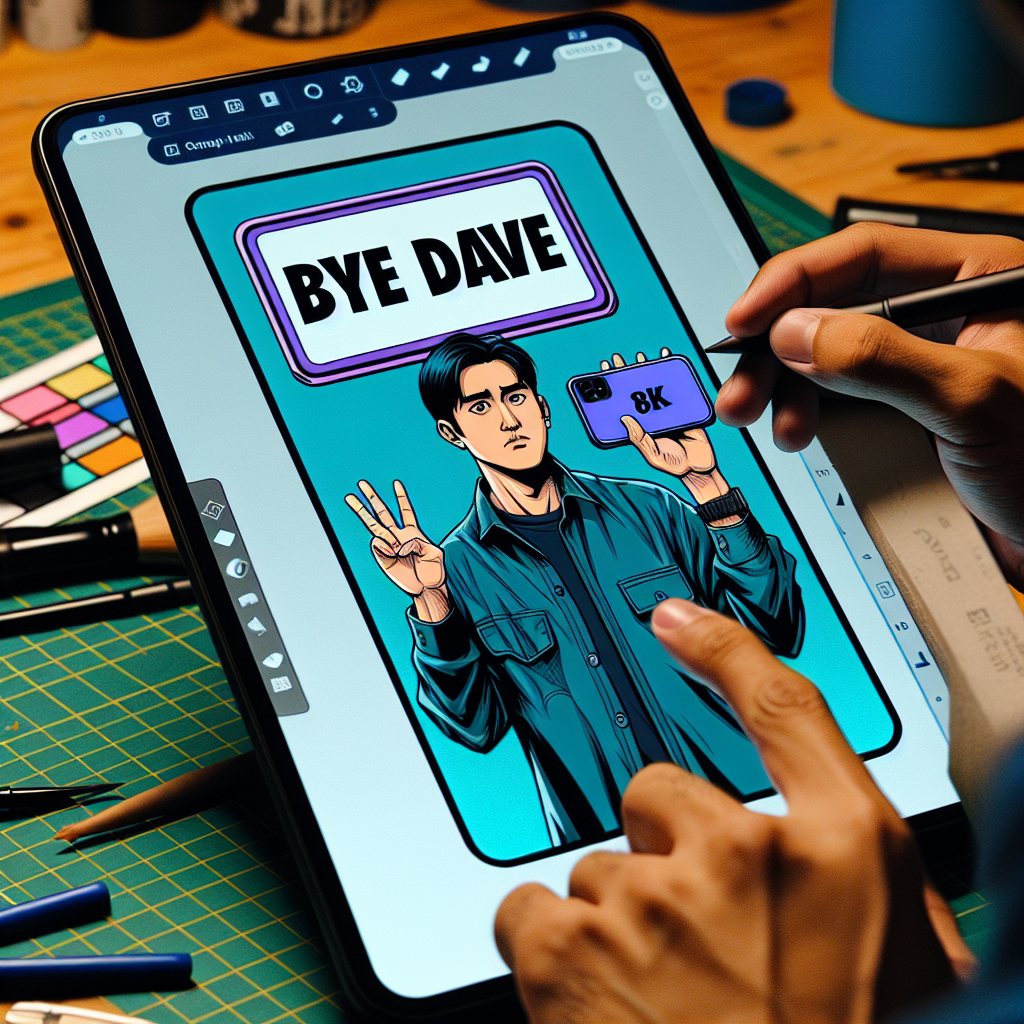a man holding a phone, on the phone is a sign saying bye dave