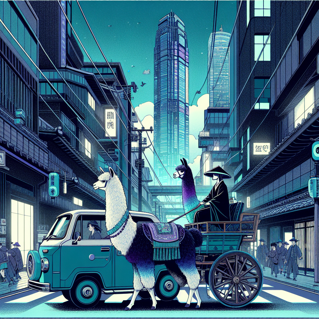 a robot leading a llama through a city street