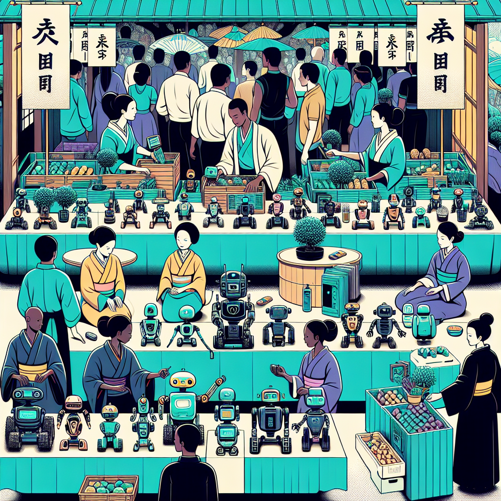 a market with people selling small robots at stalls, market garden robots