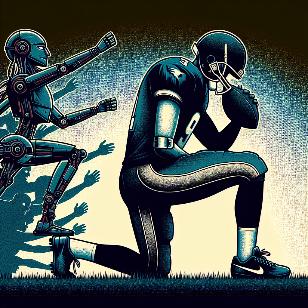 Colin Kaepernick on a knee wearing a footballers uniform, behind him is a robot and a cheering crowd