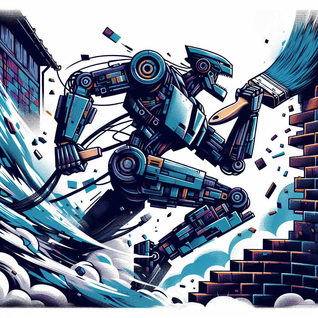 a robot breaking down a birck wall with a massive paintbrush