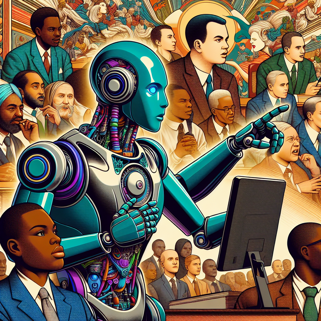 a robot working on a computer and behind the robot is a group of nerds arguing a robot working on a computer and behind the robot is a group of nerds arguing