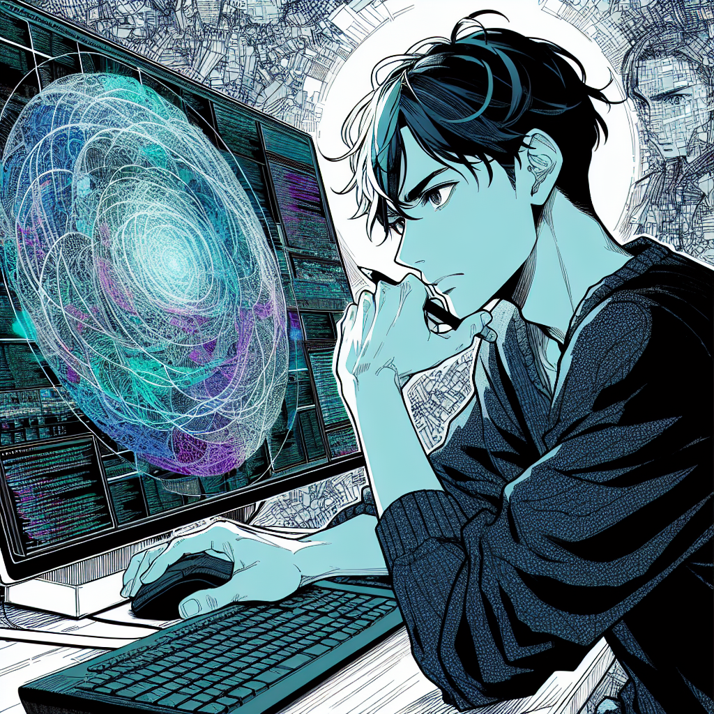 a man looking at a computer screen with lots of beautiful computer code on it. a man looking at a computer screen with lots of beautiful computer code on it.