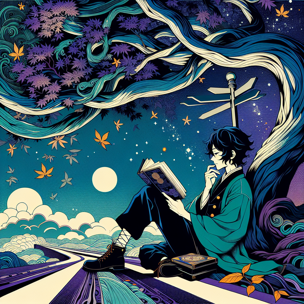 a man sitting at a crossroads, under a tree. He is reading from a book