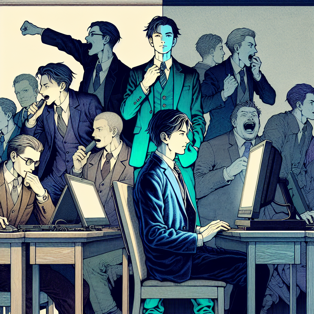 a man sitting at a computer. In front of him are two groups of people, one is shouting and loud, the other group are interested and want to know more. 
