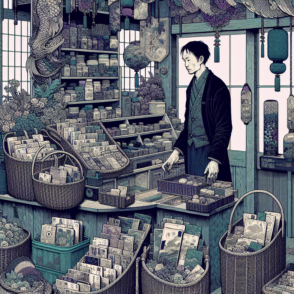 a man at a shop counter with a basket overflowing with products