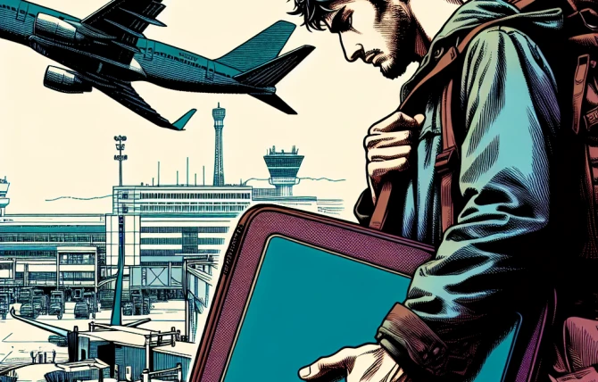 A man setting out on a journey holding a laptop