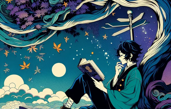 A man sitting at a crossroads, under a tree. He is reading from a book