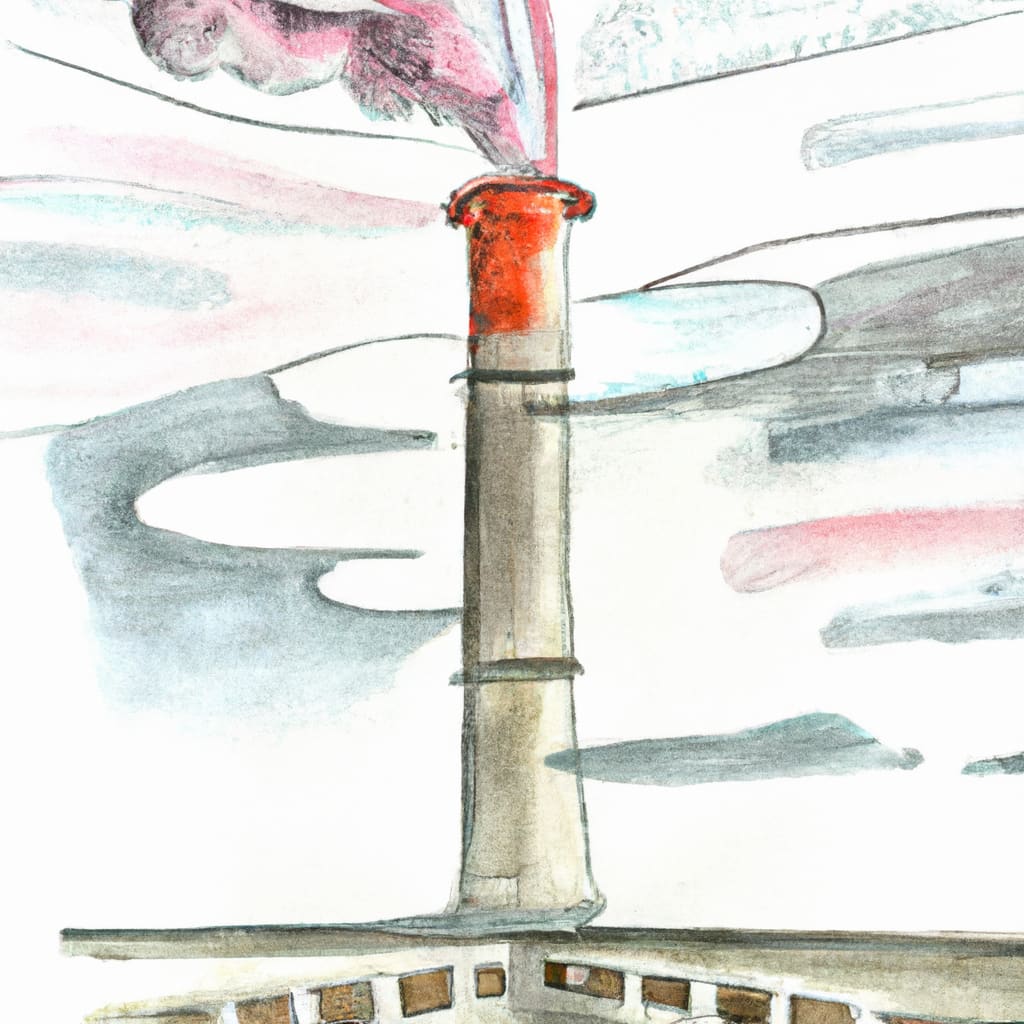 watercolur, pretty, a industrial smokestack where all the pollution is being funneled into a pipe that is changing it from dirty to clean air