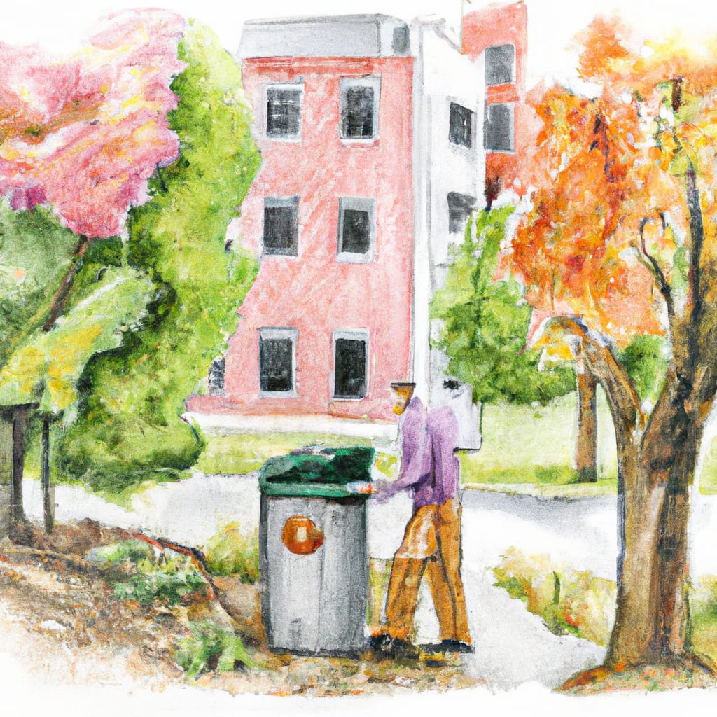watercolour, pretty, bright, a man picking up waste next to a trash can and behind him is a big building surrounded by trees.