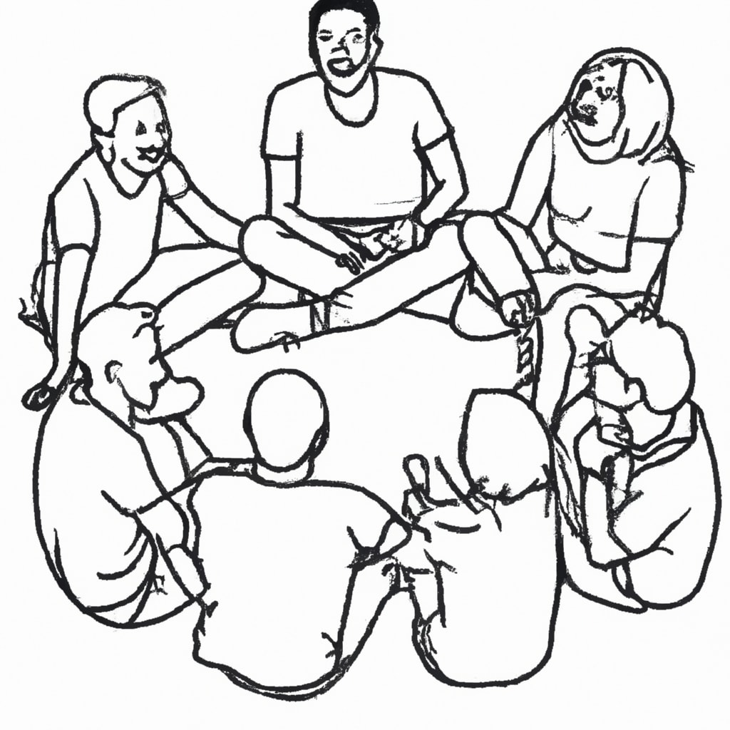 a lineart drawing of a group of people sitting in a circle talking and telling each other stories, laughing, happy, white and black