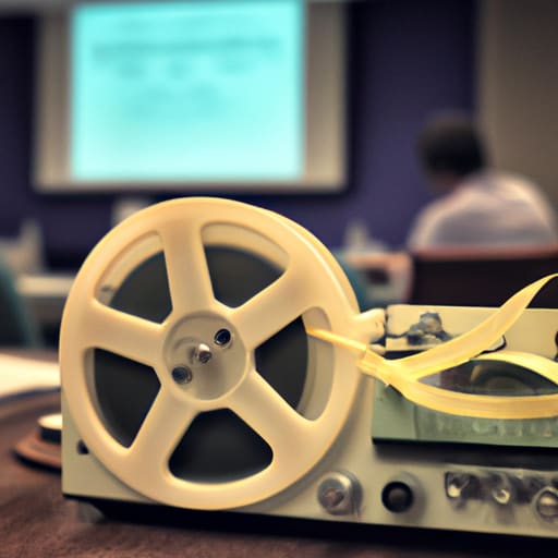 an old school reel to reel recording device, sitting on a desk of a man, who is using a mixing console that is at the back of a conference room
