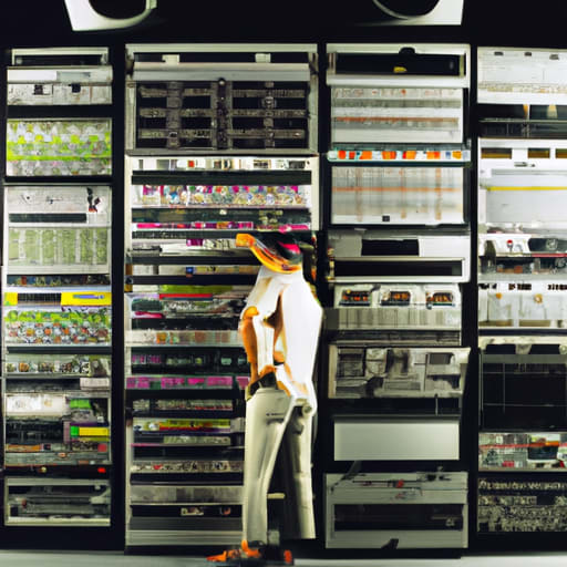 a wall full of high tech audio processing equipment with flashing lights and a man kneeing in front of one of the racks turning a dial